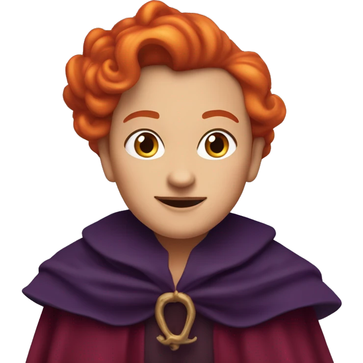 “Apple emoji of Winifred Sanderson: round face, crooked smile with a single front tooth, fiery heart-shaped red-orange hair, thick arched eyebrows, and a hint of a dark purple cloak.” emoji