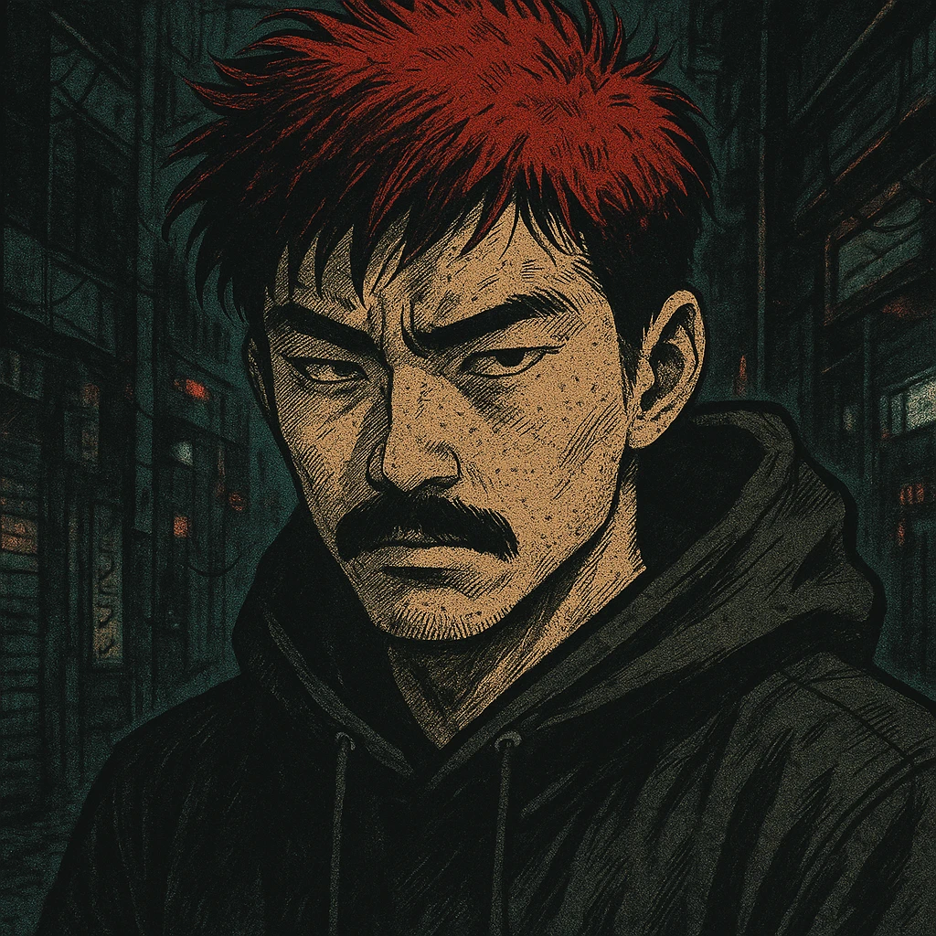 Asian man with black mustache, red hair, black hoodie, gritty cyberpunk manga style, inspired by 90s Japanese comics, moody lighting emoji