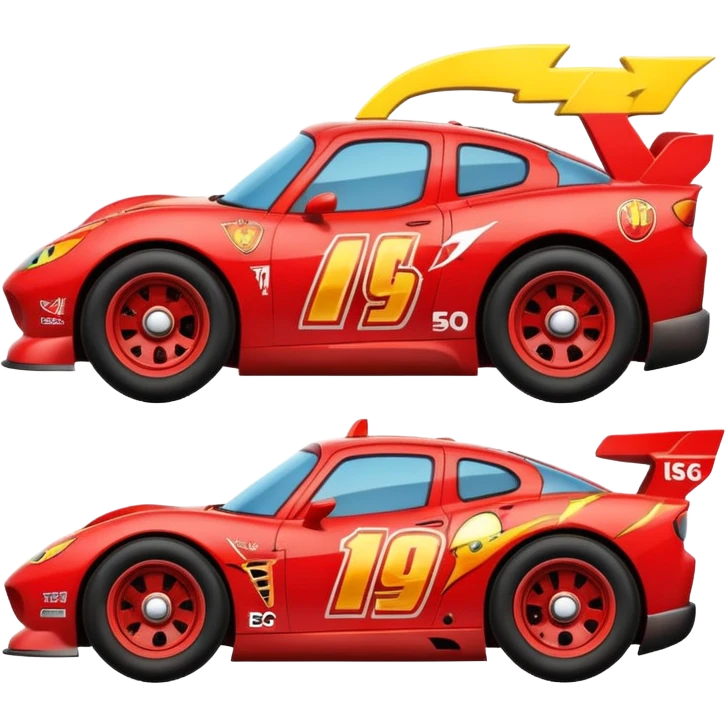 red cartoon race car with a big smile and lightning bolt decals, inspired by Lightning McQueen emoji