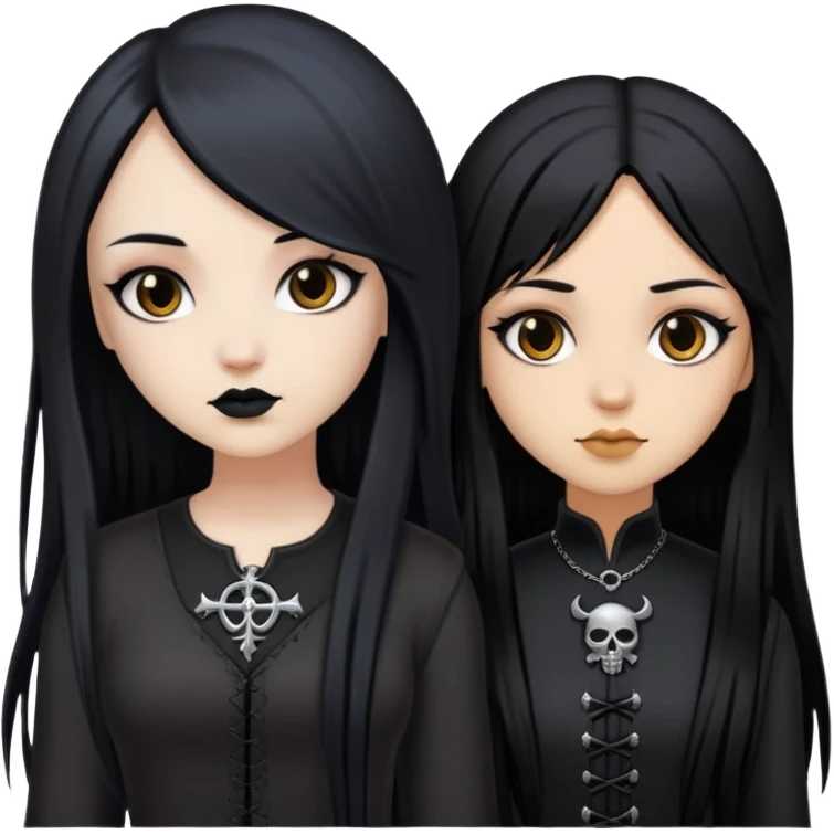 two goth girls with long black hair. one girl has light brown skin and the other has fair skin emoji