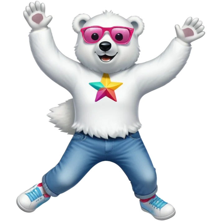 friendly anthropomorphised polar bear mid-jump, arms raised, excited expression, wearing a shirt, jeans, trainers, oversized colorful star glasses emoji