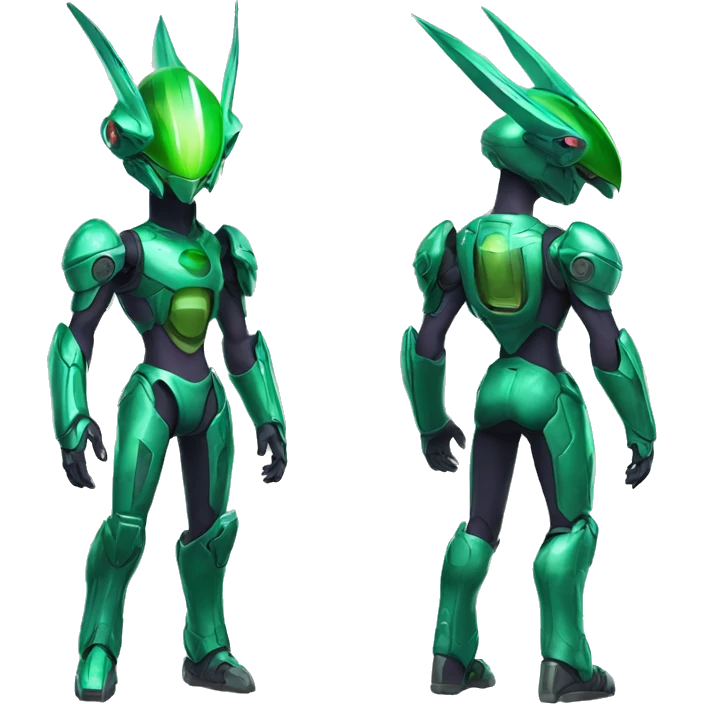 a shiny green Genesect-Raptor-Fakémon—hybrid with a futuristic visor-helmet full body emoji
