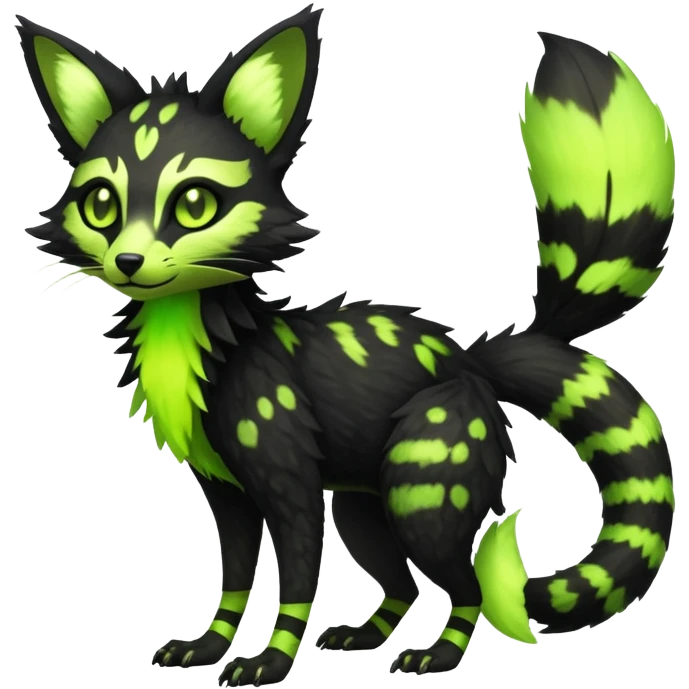 Rare realistic black edgy toxic radioactive-themed black fur with neon-lime-green-glowing  epic handsome gorgeous aesthetic vibrant Vernid-Trico-Genet-species-hybrid-Fakemon-creature by LiLaiRa, 4 legs, 1 tail, random markings, (full body) emoji
