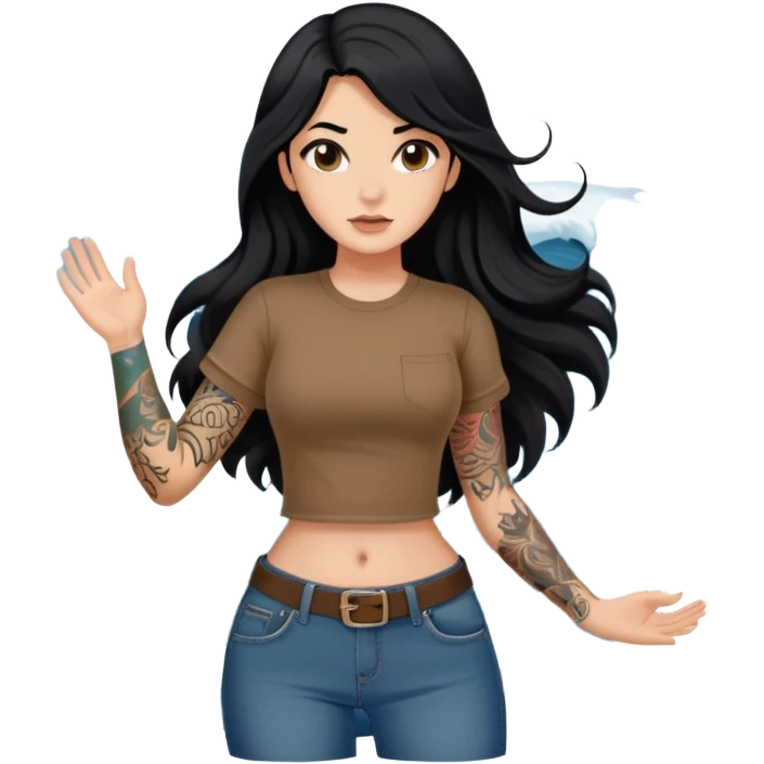 Fair skin girl - long black hair, big waves - wearing a brown navel-baring short-sleeved shirt - jeans - big arm tattoos emoji