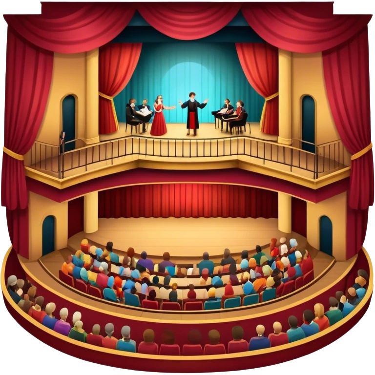 An icon depicting a theater stage with actors performing a play, illuminated by dramatic lighting. The audience watches from colorful balconies, while an orchestra plays in the pit, creating an immersive atmosphere. transparent background. emoji