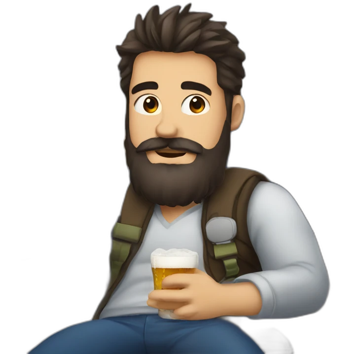 Dark hair beard man drinking beer and riding a plane emoji