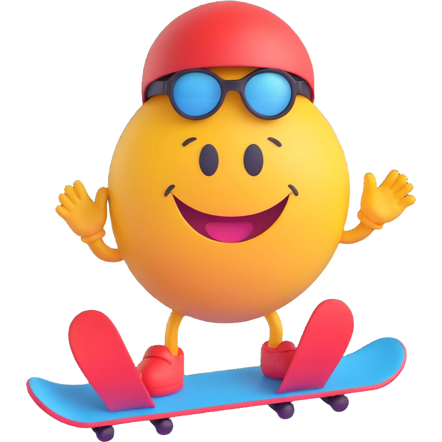 3D smiley emoji, round shape, with snowboard, sporty face emoji