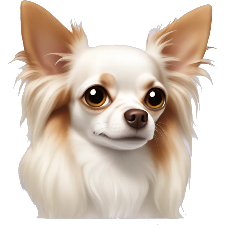 Long-haired white Chihuahua with reddish brown markings lying on bed  emoji