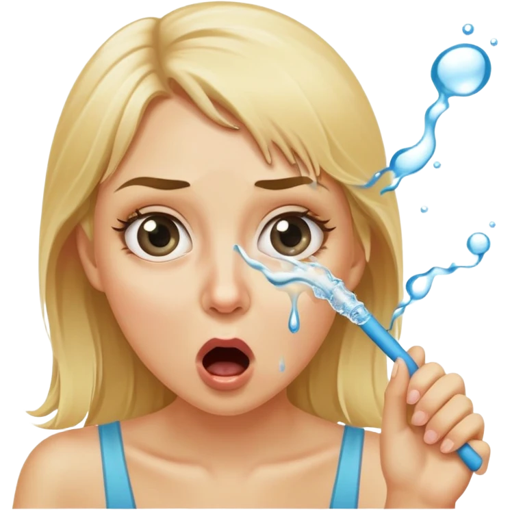blond woman with wide eyes, holding a wide skin-colored stick with a nibble on the edge, water squirting from the stick into her mouth, shocked face emoji