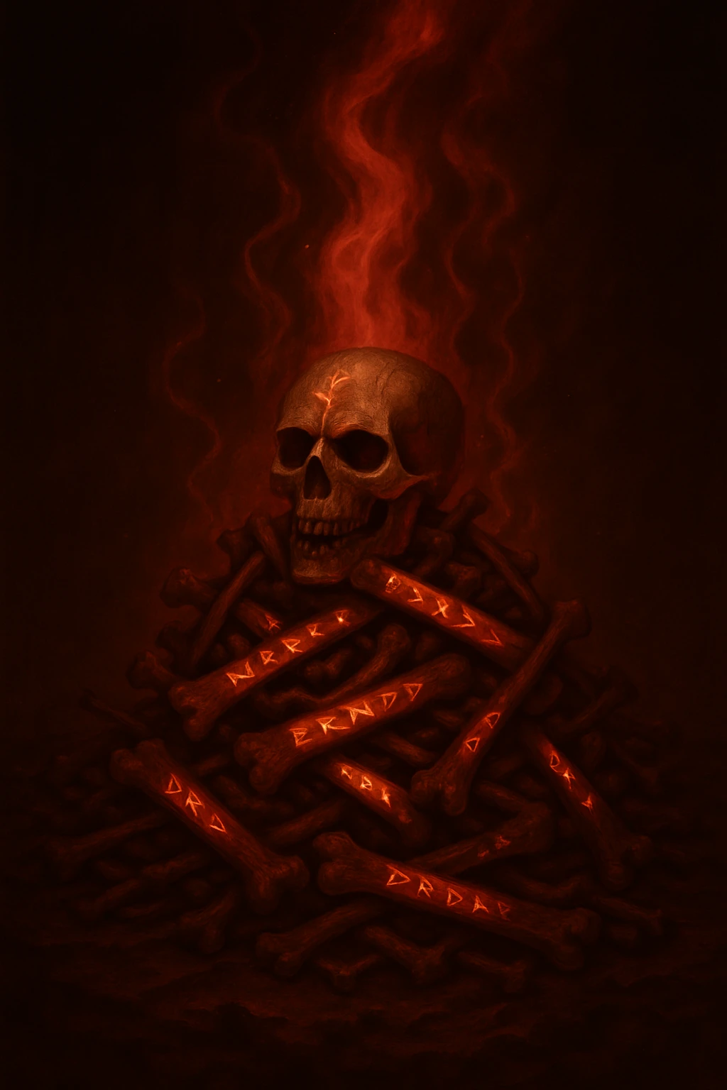 Change the mystical energy to red, keep the mystical pile of bones with glowing runes and enchanted fantasy style. Preserve the magical atmosphere with red mystical energy glowing around the bones and runes. emoji