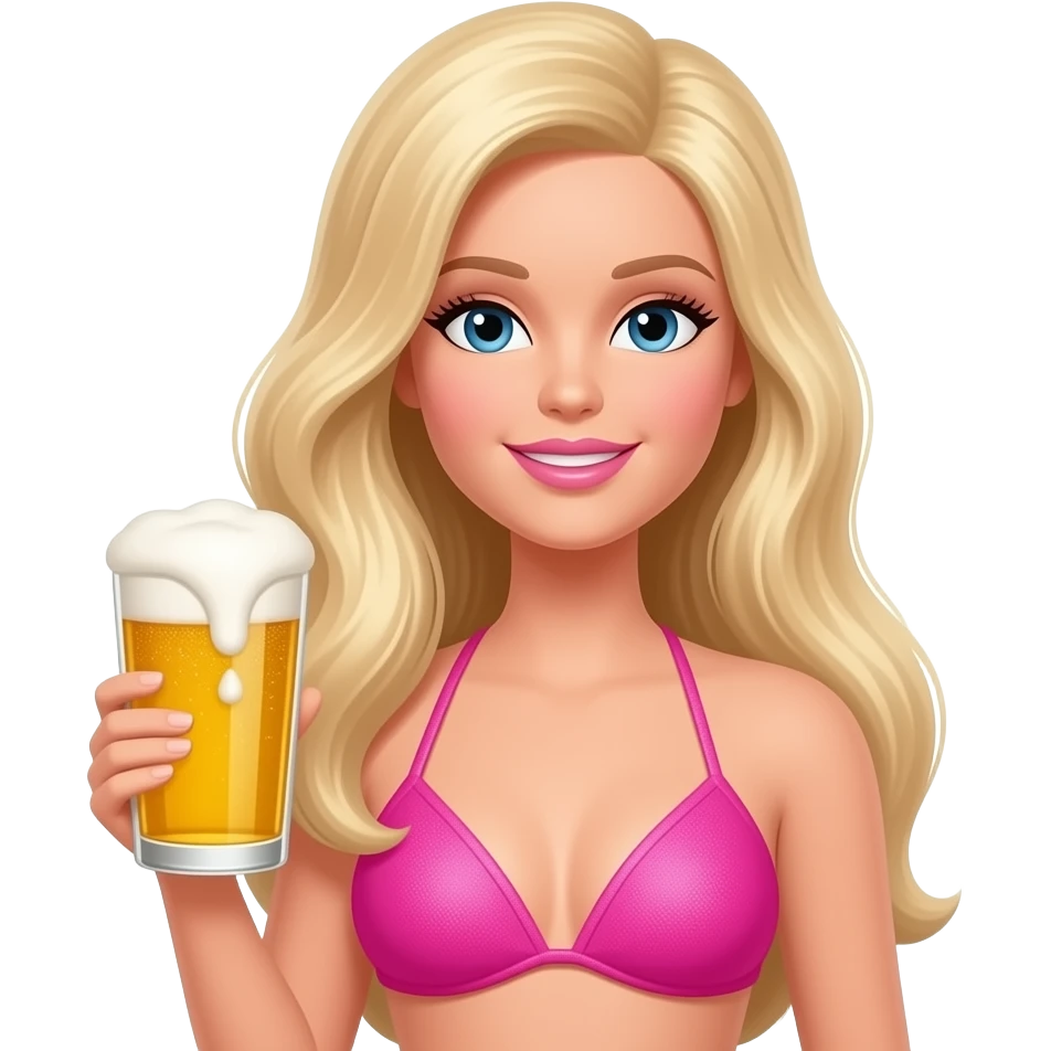 barbie with long blonde hair wear pink bikini holding beer emoji