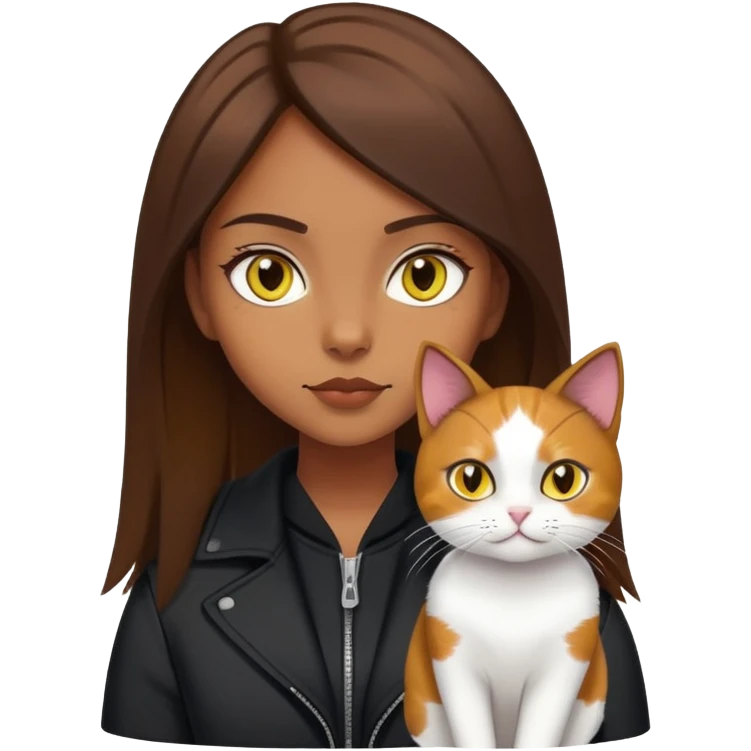 A brown straight-haired girl wearing black jacket with a white cat with yellow eyes and a calico cat emoji