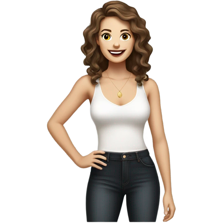 white girl with tan, carmen brunette natural  wavy hair, wearing a white v cut tank top holding a glass of champagne. emoji