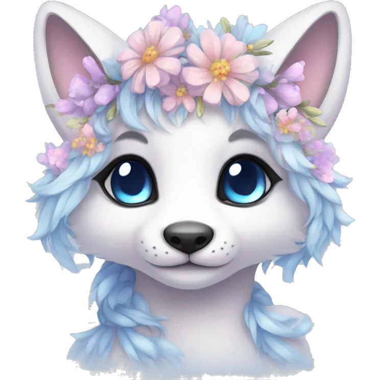 Anthro Cute Cool Pastel Kawaii gorgeous sparkly ethereal fantasy animal creature with blue eyes furry sona with flowers and ribbons beautiful aesthetic emoji