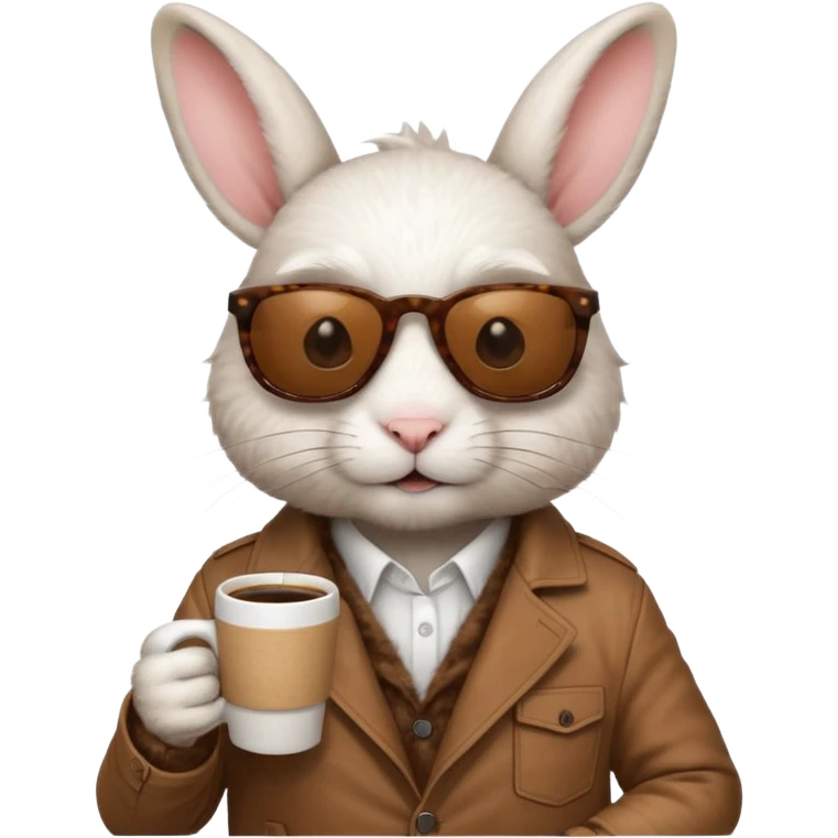 White rabbit, wearing brown jacket, sunglasses, holding coffee mug emoji