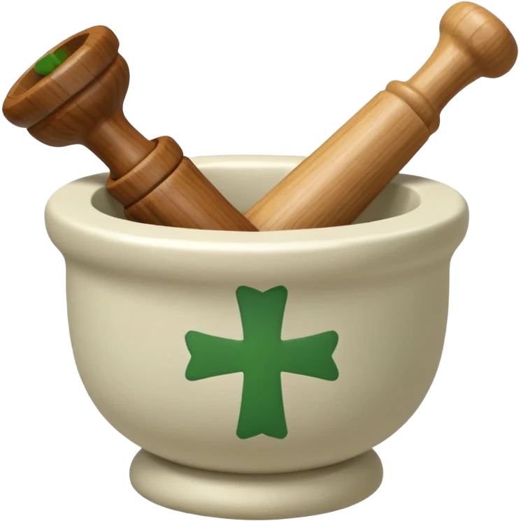 mortar with pestle, with green cross on mortar. only one pestle emoji