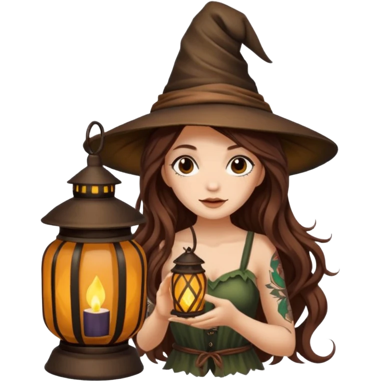 cute forest witch woman long wavy brown hair tattoos hiding inside lantern emoji
