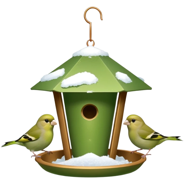 3 Green finch feeding on a bird feeder in the snow emoji