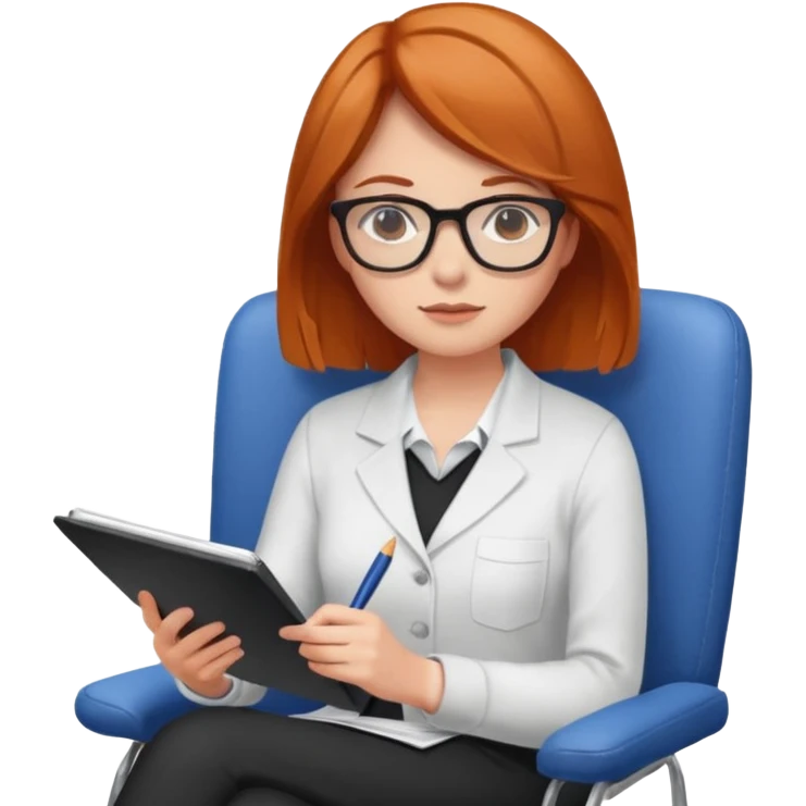 Русоволосая девушка - психолог сидит в кресле и делает запись на бланке emoji
