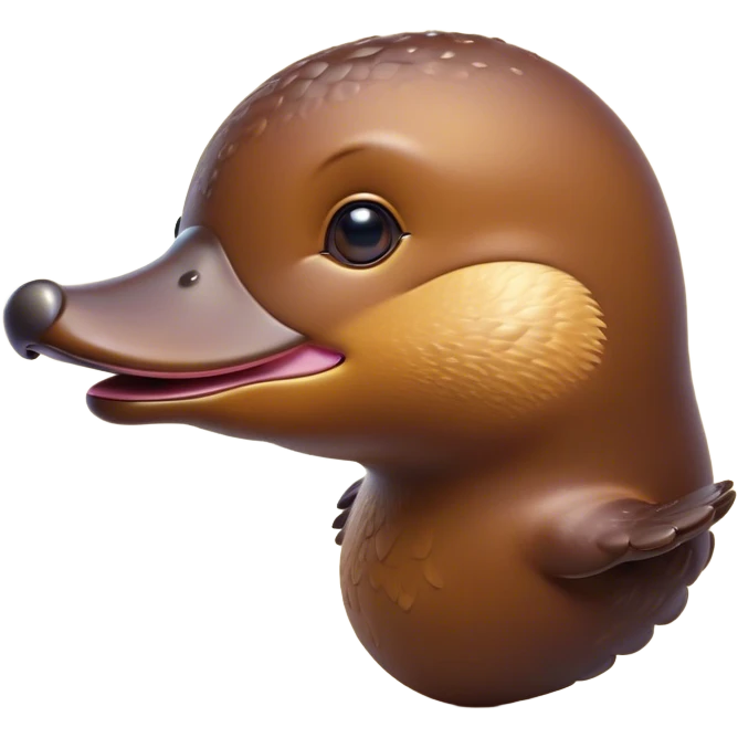 Cinematic Cute Platypus Portrait Emoji, Head tilted playfully and inquisitively, featuring a glossy brown fur with a charming, flat duckbill and round, sparkling eyes brimming with quirky wonder, Simplified yet irresistibly adorable features, highly detailed, glowing with a warm, friendly glow, high shine, affectionate and whimsical, stylized with a touch of aquatic playfulness, bright and endearing, soft glowing outline, capturing the essence of a mischievous yet lovable platypus, so playful it feels like it could waddle out of the screen into your arms! emoji