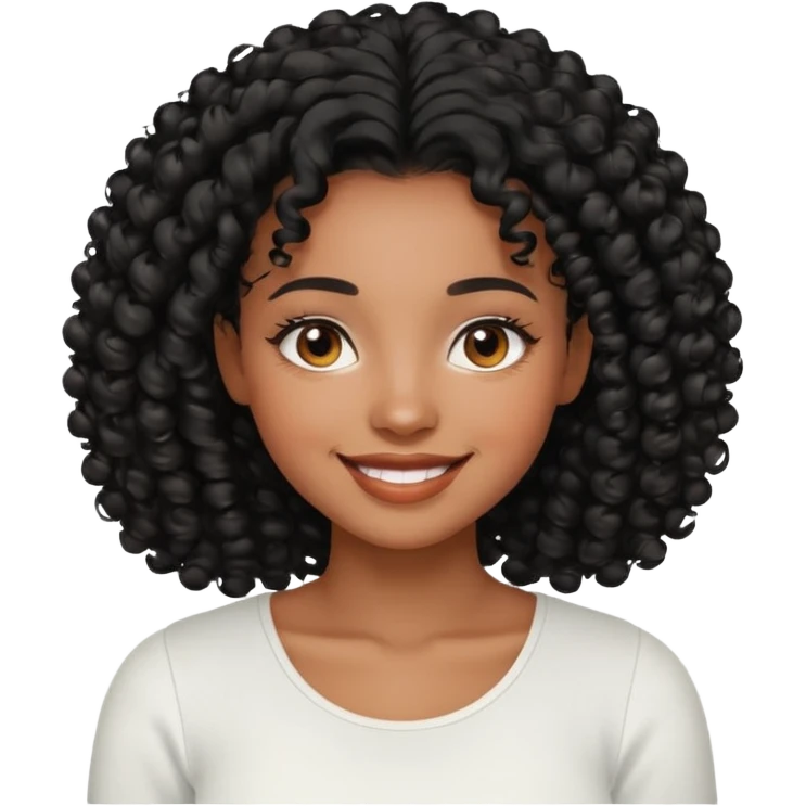 a young woman.She has voluminous, curly black hair long that frames her face beautifully. Her skin tone is black light and glowing, and she has a subtle, natural makeup look. She’s smiling softly at the camera. She is wearing a white top emoji