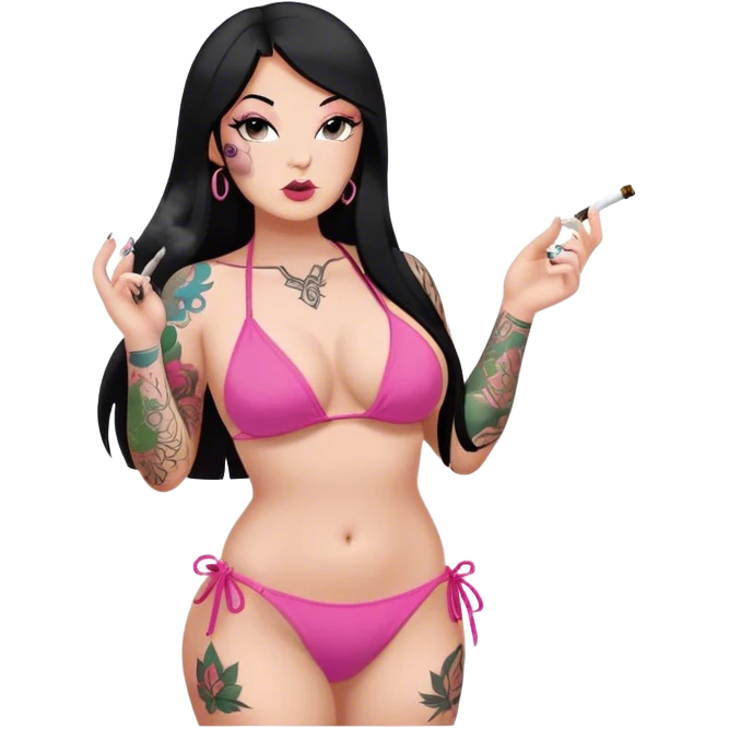caucasian curvy body girl, with tattoos, in pink bikini, make smoke, with a long straight black hair  emoji