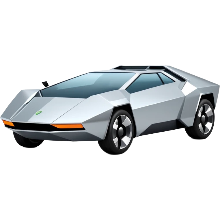 A futuristic chrome car emoji, sharp geometric body design inspired by cybertruck aesthetics, smooth silver metallic surface, matte and glossy chrome mix, minimal details, soft reflections, clean edges, iOS emoji style, centered, clean white background, soft studio lighting, no text emoji