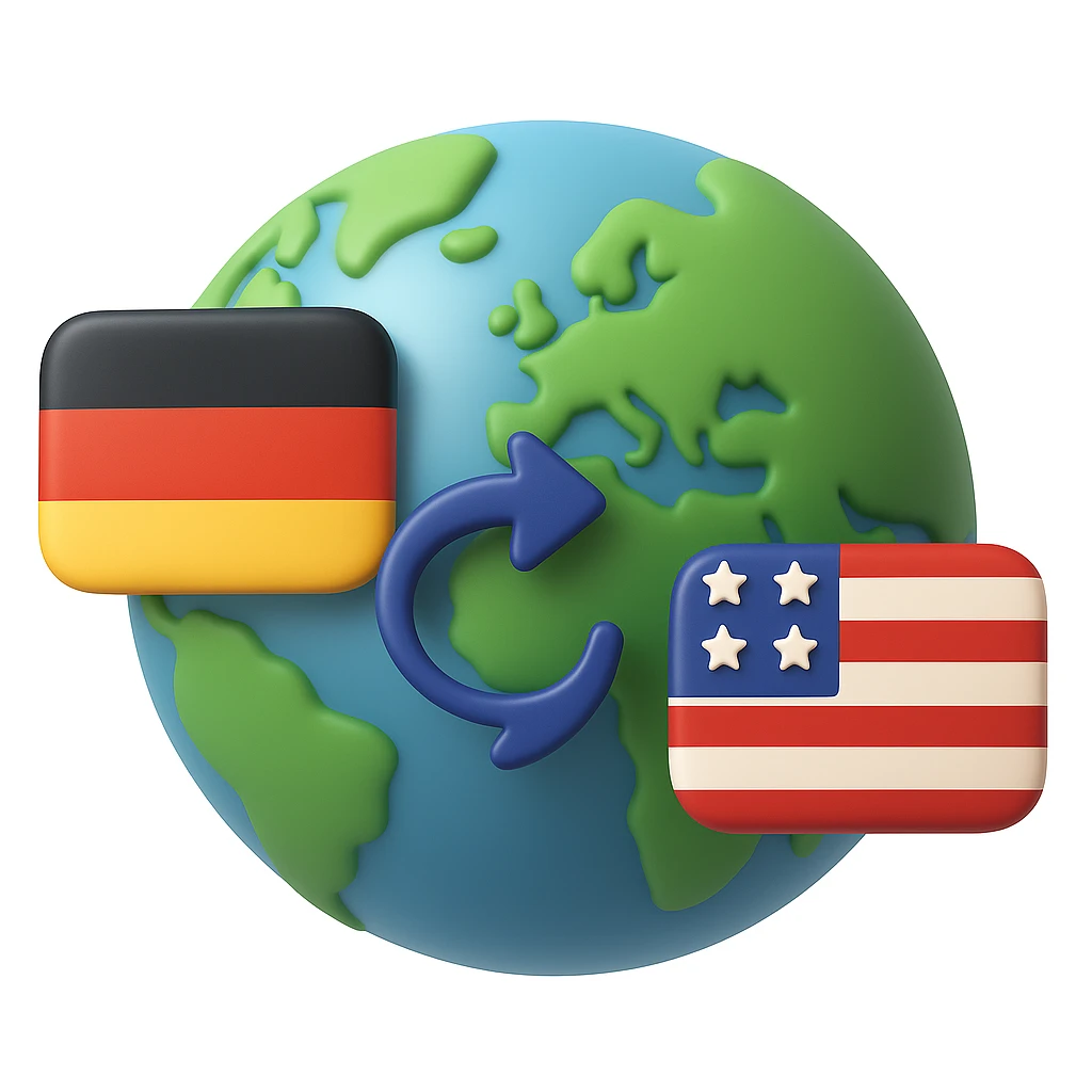 Transform this VPN globe icon into an Apple 3D emoji style with smooth gradients, soft shadows, and a realistic 3D look. Keep the connection line from Germany to the USA clear and visible. No text included. emoji