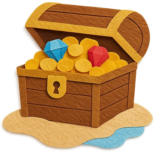 illustration of a treasure chest overflowing with gold coins and jewels on a sandy beach in paper-craft style emoji