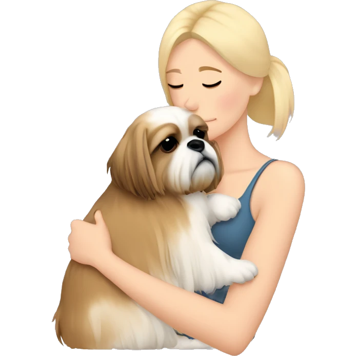 Sad blonde woman cuddling tan shih tzu  emoji