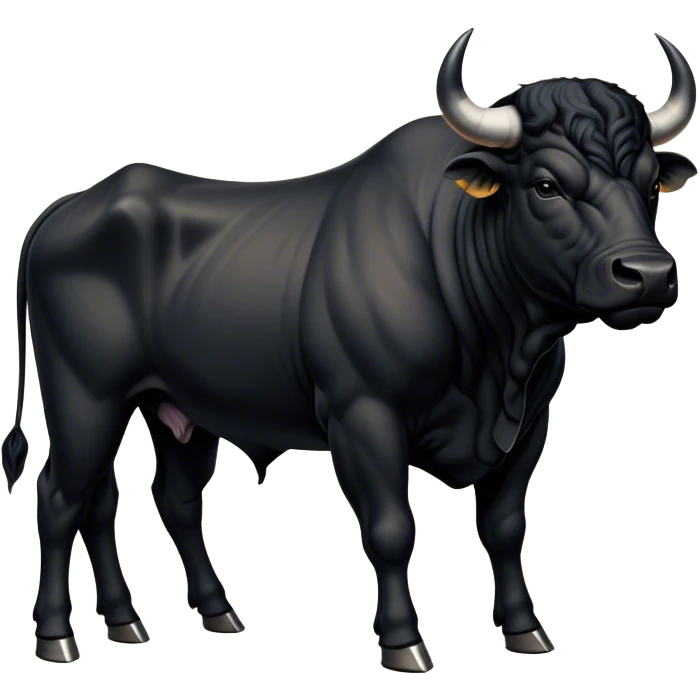Cinematic Noble Black Bull Portrait Emoji, Poised and regal, with a massive, muscular build and a sleek, well-groomed pure black hide, deep-set soulful dark eyes, Simplified yet sharp and sophisticated features, highly detailed, glowing with a soft, dignified glow, high shine, intelligent and formidable, stylized with an air of strength, focused and attentive, soft glowing outline, capturing the essence of a watchful and confident guardian, so majestic it feels as though it could charge out of the screen with effortless authority! emoji