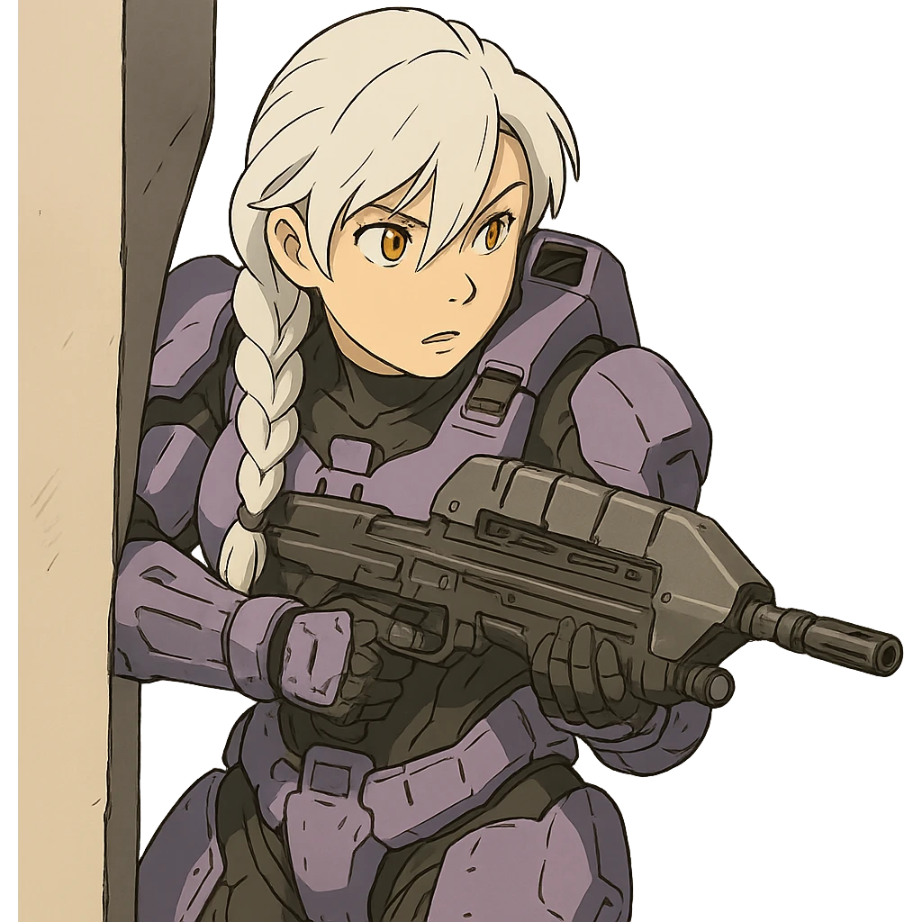 female, wearing reach spartan armor default, long white braid hair with massive messy front side single bangs, gold yellow eyes, attention pose, HALO:series, no helmet, the armor is lavender color scheme, shoulder pad off. DDD bust size fitting. Punk gothic cyberpunk, peeking around a corner while aiming a classic HALO1 AR, tactical, lean emoji