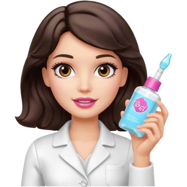 A Barbie girl with makeup, with short wavy dark brown hair in white clothes, holding a facial gel in her hand emoji