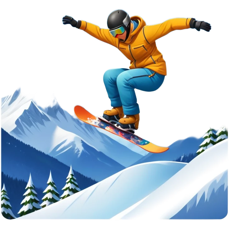 An icon showing a snowboarder performing an exciting jump on a snow-covered slope. The background features towering mountains, snow-covered trees, and a bright, clear sky. Transparent background highlights the speed, agility, and thrill of snowboarding. emoji