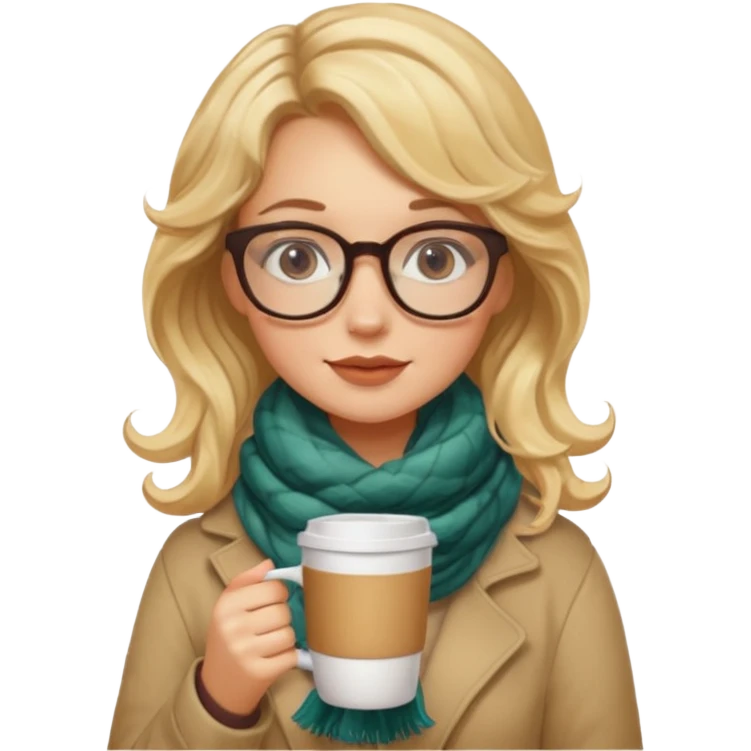 a girl drink with blonde wavy hair, wearing glasses, having scarf, drink coffee emoji