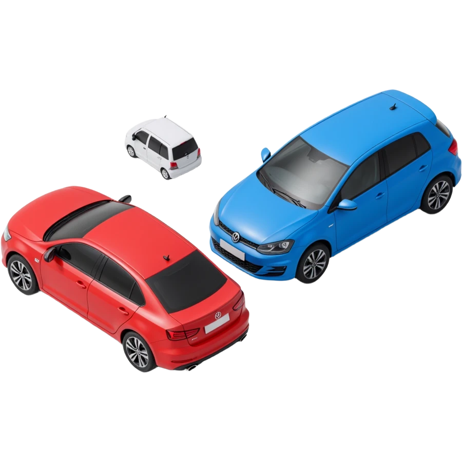 red and blue car being compared with some kind of comparison element/graphic emoji