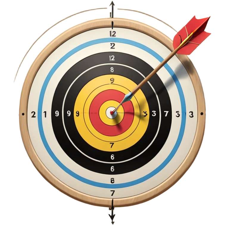 A bow and arrow aimed at a target, with the arrow in mid-flight towards the bullseye. The target's concentric rings are visible, emphasizing the precision and focus required in archery. The background is simple, highlighting the equipment and the sport's accuracy. emoji