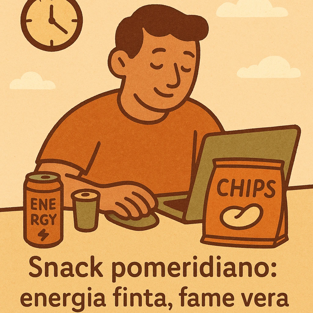 Uomo che lavora al computer con una lattina di energy drink e un sacchetto di patatine accanto, orologio che segna le 15:00, testo in italiano: “Snack pomeridiano: energia finta, fame vera”. emoji