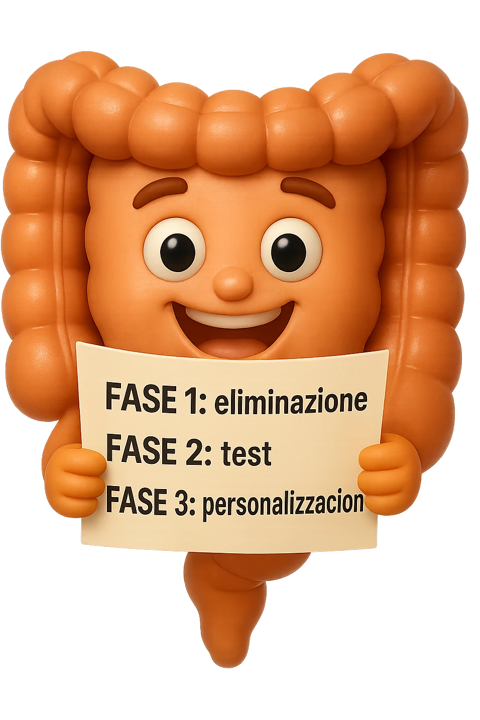 emoji stile iphone 3d di un intestino che tiene in mano un foglio con la scritta "FASE 1: eliminazione, FASE 2: test, FASE 3: personalizzazione, IPERREALISTICO 4K emoji