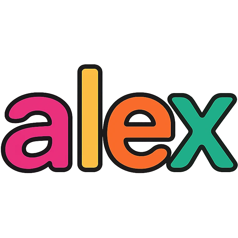 the name 'alex' in a rounded icon style, soft edges, friendly, approachable emoji