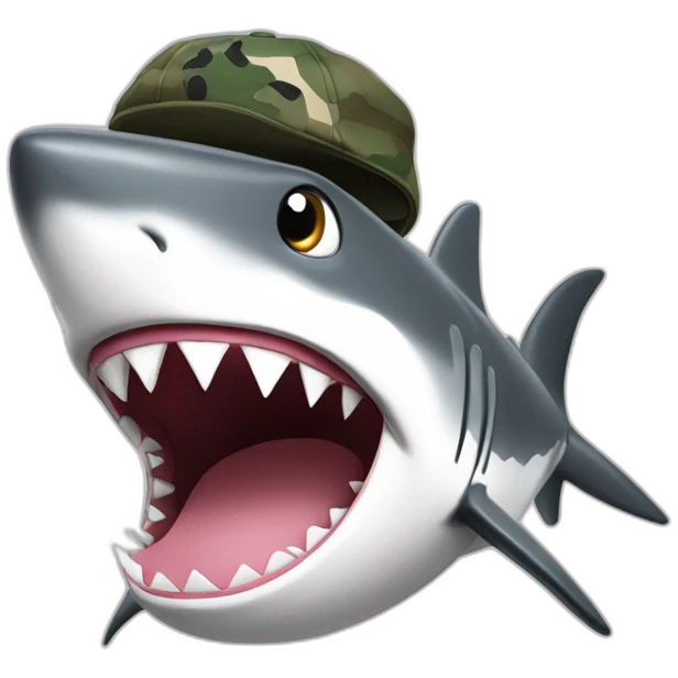 black and white countours cartoon shark standing with a camouflage cap on its head emoji