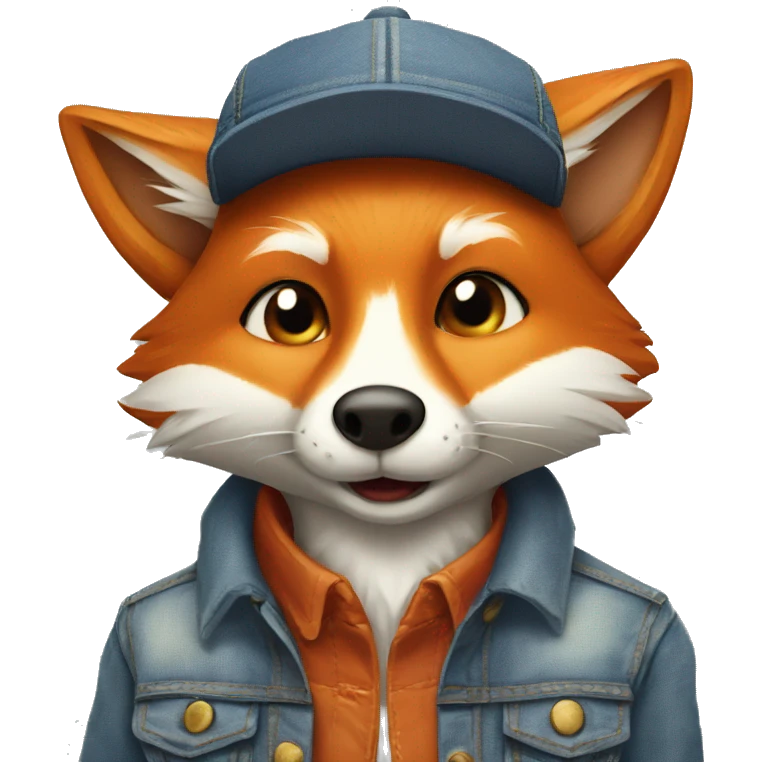 cartoon fox with mouse and denim jacket and hat and glass emoji