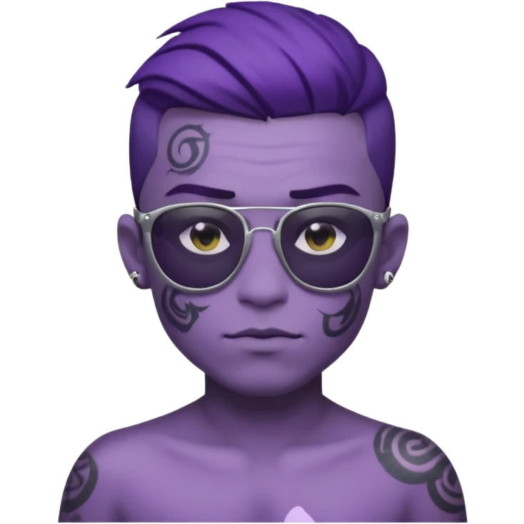 a boy with purple skin and sunglasses that has a tattoo on his forehead that says “gu4nto” emoji