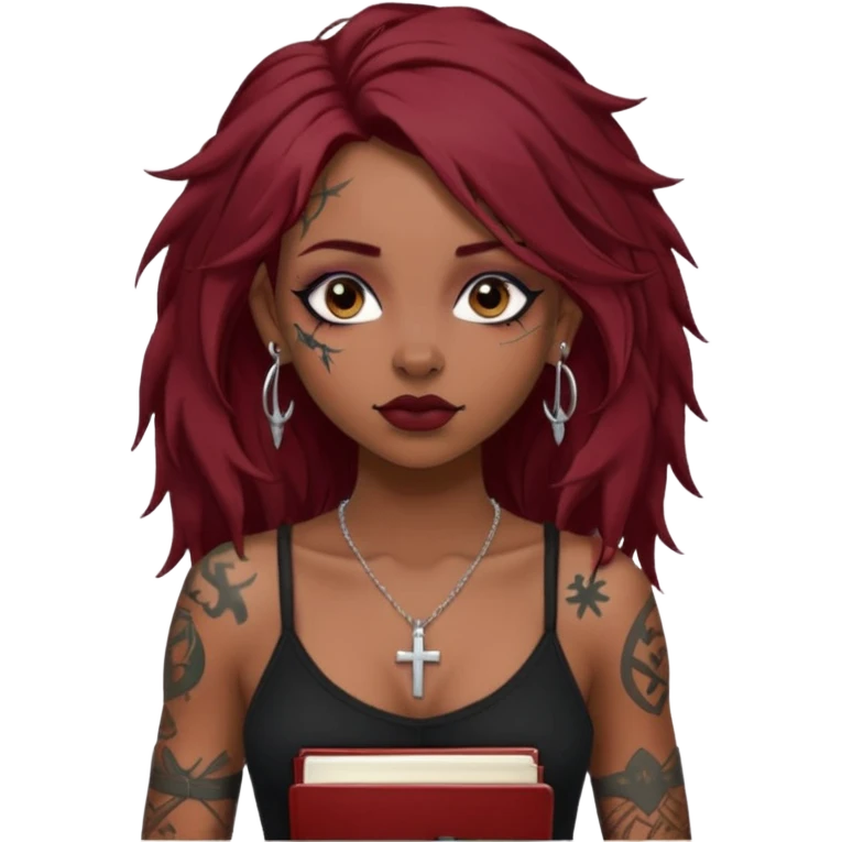 generate an ios genmoji of a dusky girl with long dark red messy hair with eyeliner on her eyes. septum piercing, wearing a cami black top, has tattoos, on shoulders. ear piercings. wearing a cross silver necklace. carrying a lot of sketchbooks emoji