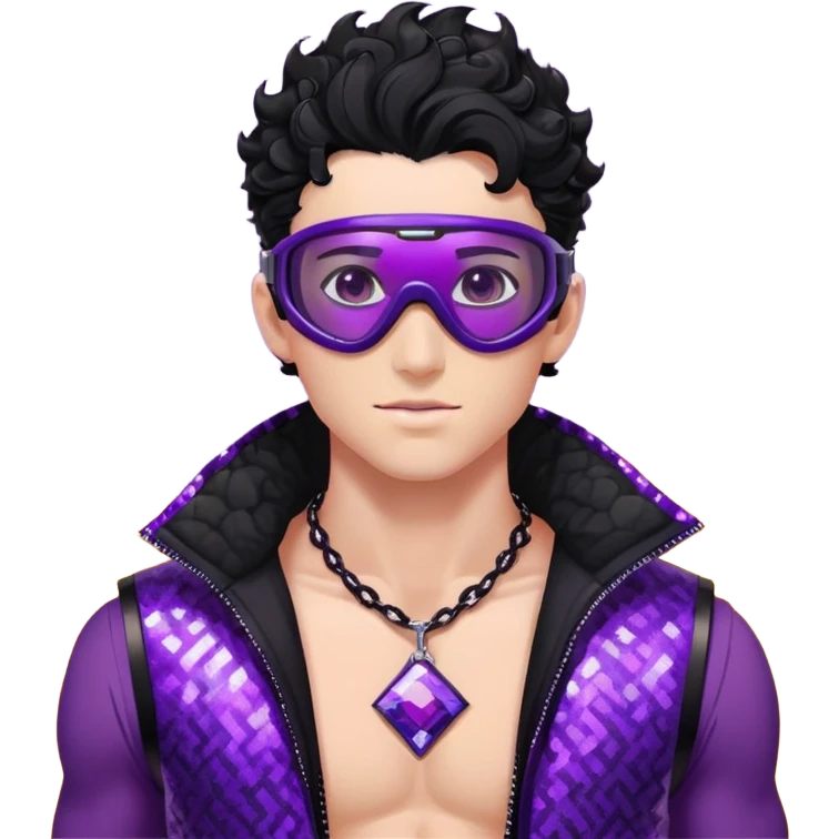 male athlete with white skin and moderately curly black hair on top with shaved sides, wearing ski goggles with purple frames and very dark black lenses, a simple plain black chain necklace, and a completely unzipped shiny vest with purple and black sequin fire pattern design, fully revealing his chest and abs, no earrings emoji