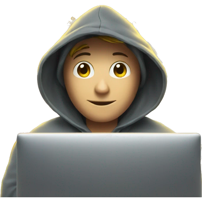 An emoji representing a wizard wearing a hoodie, sitting in front of a computer with lines of code floating around them. emoji
