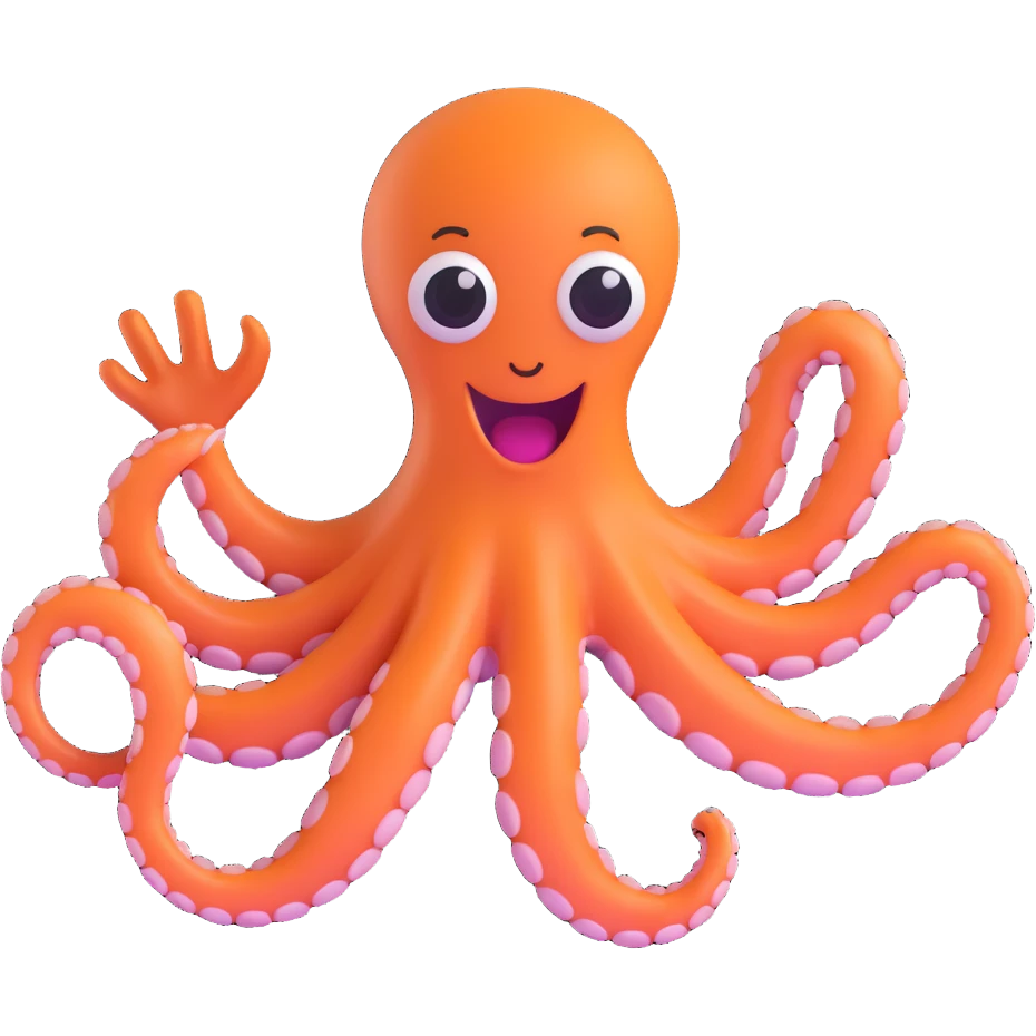 excited octopus with a waving tentacle, 3D emoji style emoji