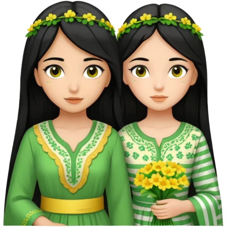 A picture of a black-haired girl in a beautiful green Arabic dress with green dotted stripes and beautiful yellow flowers scattered and a white-faced girl emoji