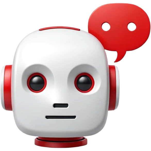 A minimalist 3D icon of a friendly robot head with a speech bubble, in red and white color scheme, clean design, soft shadows, YouTube-inspired style emoji