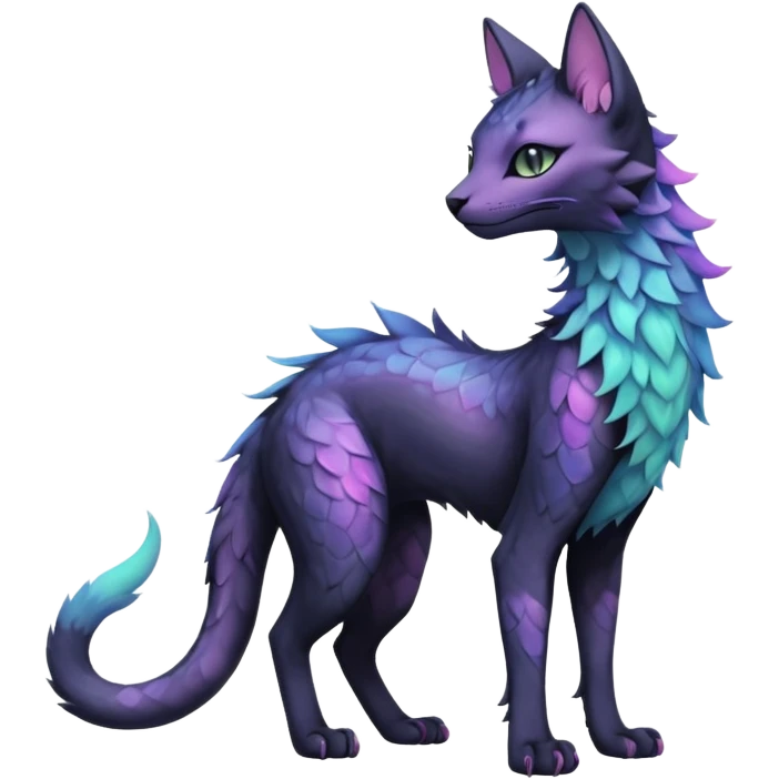 Kawaii black pastel iridescent beautiful pretty elegant divine edgy fantasy feline-vernid-sergal-fursona animal creature with a tufted tail full body with intricate markings  emoji